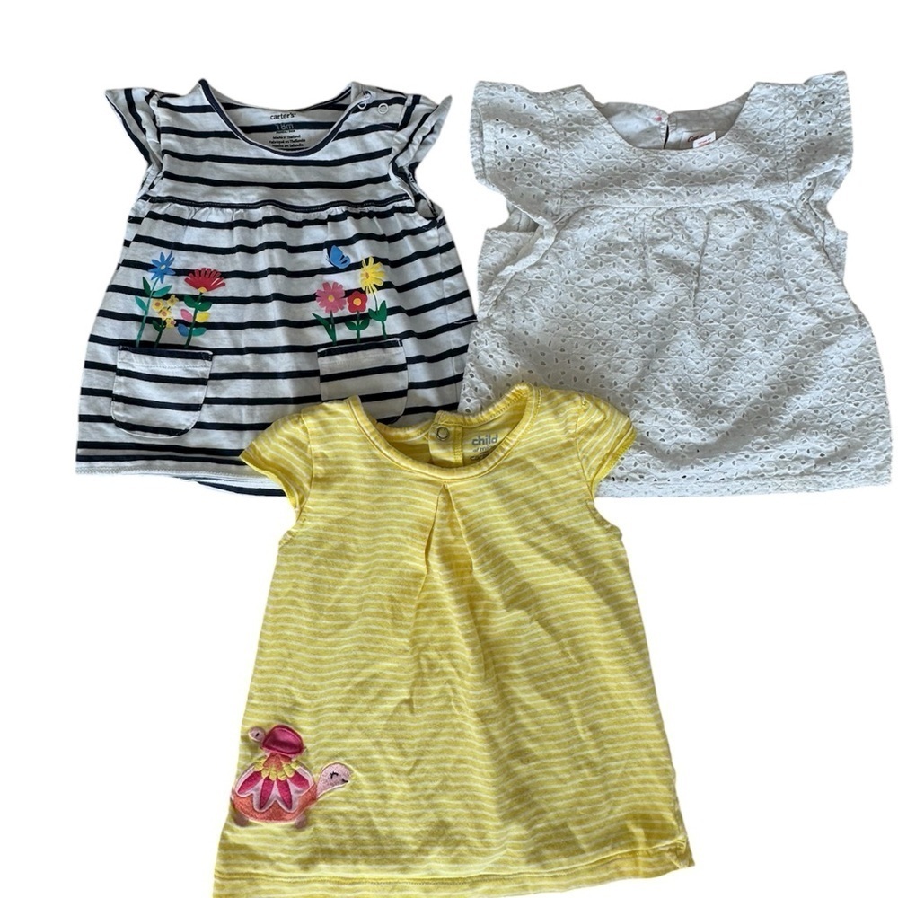 Girls Tops Bundle – Striped Floral, Eyelet White & Yellow Tee – Size 18 Months